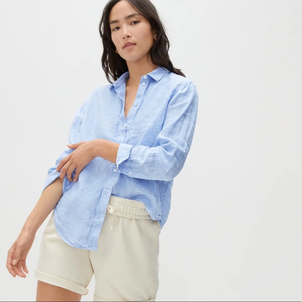 NWOT Micheal Stars Linen Blue Button Down - Picture 1 of 9